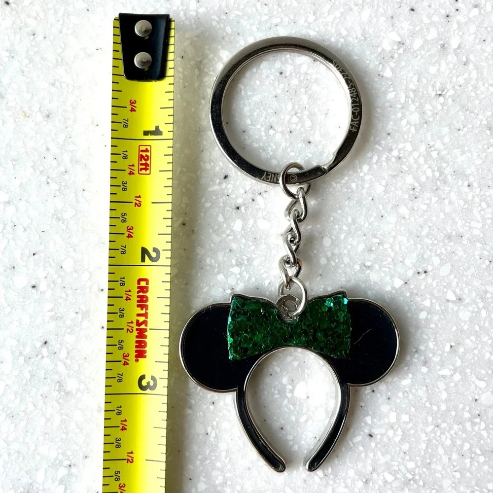 Disney Minnie Mouse Ear Headband Keychain Green Glitter Bow Black Enamel Silver